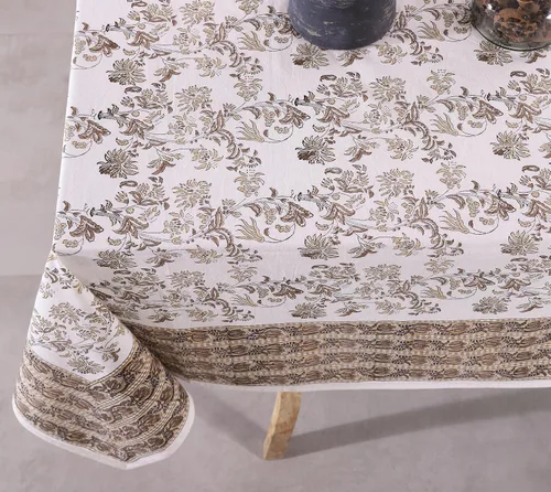 Vista 2 de Labhanshi Mantel rectangular de 6 plazas de algodón prelavado con estampado indio a mano, 60 x 90 pulgadas, diseño floral de algodón prelavado