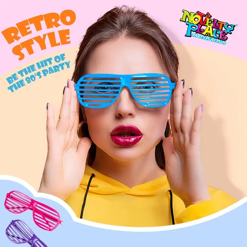 Vista 2 de Novelty Place Paquete de 12 lentes de sol, lentes de sol, lentes de plástico de color neón para niños y adultos, accesorios de fiesta de los años 80