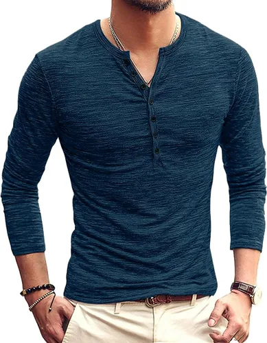 Vista 14 de KUYIGO Camisas Henley para hombre, estilo casual, ajustadas, básicas, de A01 Negro Puro