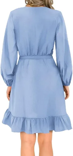 Vista 2 de Danedvi Vestidos casuales para mujer, vestidos de playa con vuelo, manga cortalarga, cuello en V, dobladillo con volantes, longitud media, vestido
