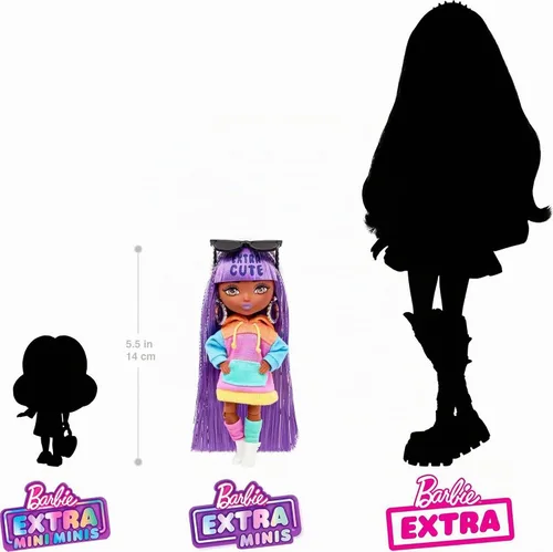 Vista 3 de Barbie Extra Minis - Muñeca y accesorios con cabello rubio con vestido brillante y encogedor peludo, 5.5 pulgadas