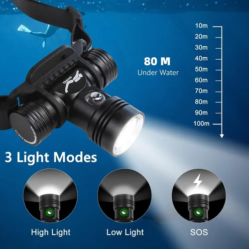 Vista 2 de WINDFIRE Faro Frontal de Buceo, Luz de Buceo Recargable, IPX8 Impermeable Faro Subacuático con 3 Modos e Indicador de Energía, Altos Lúmenes, Larga