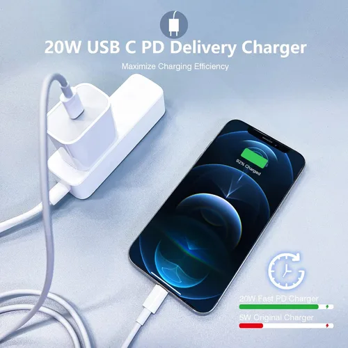 Vista 5 de Cable de carga para iPhone 13 y 14, [certificado Apple MFi] Paquete de 2 cargadores rápidos para iPhone de 20 W tipo C, adaptador de enchufe