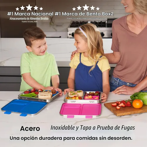 Vista 2 de Bentgo Kids - Lonchera de acero inoxidable resistente a fugas, 3 compartimentos Recipiente de silicona adicional, sin PFAS y BPA, resistente al