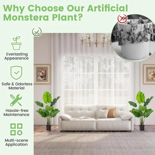 Vista 5 de GOFLAME Planta artificial Monstera Deliciosa, árbol sintético en maceta de 4 pies con 10 hojas falsas verdes, planta de queso suizo para decoración