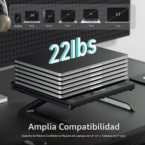 Vista 3 de OImaster Soporte ergonómico ajustable y plegable para computadora portátil con ventilación térmica, soporte elevador para laptop compatible con Negro
