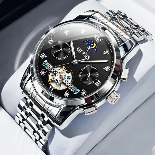 Vista 2 de OLEVS Men Automatic Watch Skeleton Moon Phase Dial Luxury Dress Stainless Steel Strap 5 Hands Diamond Men Wrist Watches