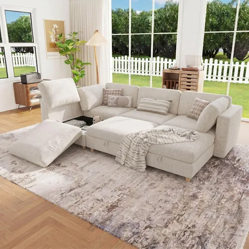 Vista 27 de 95.5" Sofá seccional modular de chenilla con almacenamiento oculto, sofá cama convertible en forma de L y U, sofá seccional moderno de 6 plazas