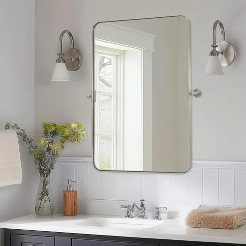 Vista 20 de Espejo giratorio Moon Mirror de oro cepillado, espejo inclinable de latón para tocador rectangular para baño, medidas totales 24.33 x 28 pulgadas