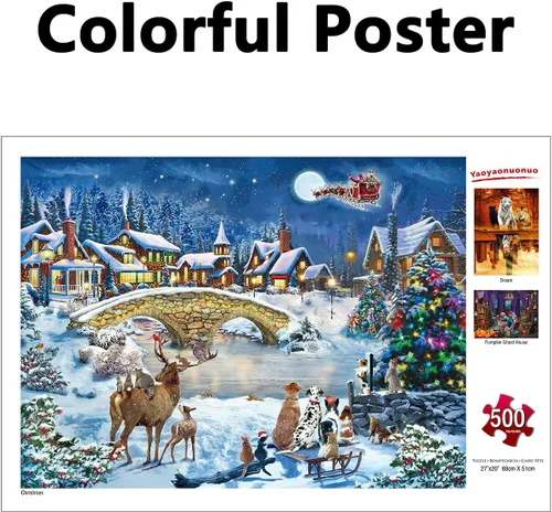 Vista 7 de Rompecabezas de 500 piezas para adultos, rompecabezas grande de 27 x 20 pulgadas, decoración de Papá Noel de invierno para fiestas familiares