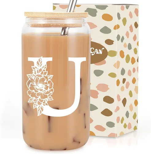 Vista 22 de Taza de Vidrio Inicial Coolife, Regalos Personalizados para Mujeres, Tazas de Vidrio de 16 oz con Tapas y Popotes, Taza para Café Helado, Licuado