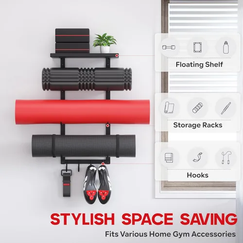 Vista 2 de Soporte de pared para esterilla de yoga, estante de almacenamiento de accesorios de yoga, organizador de accesorios de gimnasio en casa, estante