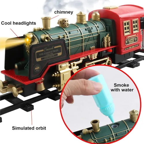 Vista 3 de Tren eléctrico de Navidad con control remoto con humo, luces, sonido, locomotora, automóviles y transporte remoto, recargable por USB, con pista