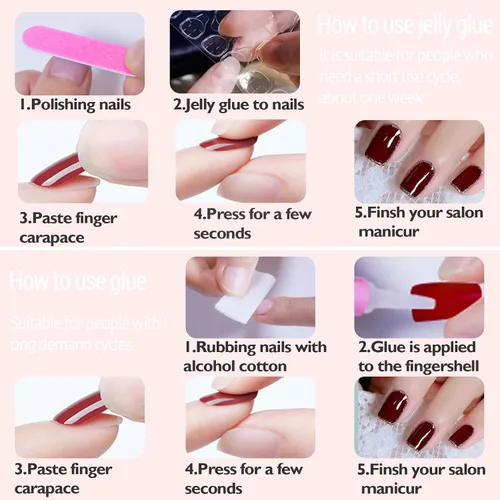 Vista 6 de Uñas postizas a presión de almendra, uñas postizas medianas con diseños de estampado francés de lámina dorada 3D, pegamento dorado Starlight en uñas