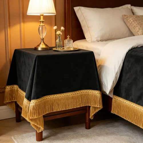 Vista 2 de F-CHU - Funda de terciopelo negro de lujo para mesita de noche con flecos dorados, mantel decorativo para mesita de noche, a prueba de polvo