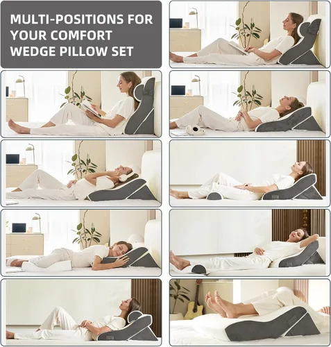 Vista 2 de Juego de 3 almohadas ortopédicas de cuña para cama, espuma viscoelástica 45D, almohada de cuña postcirugía para soporte de espalda, piernas