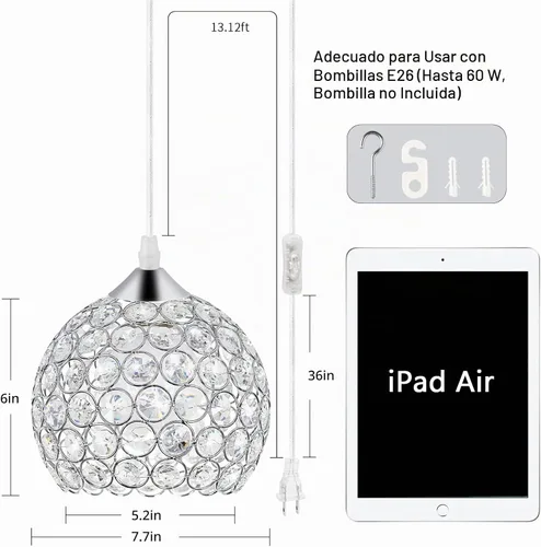 Vista 7 de TISLYCO - Lámpara de araña de cristal con enchufe y cable largo de 13.12 pies y interruptor de encendido/apagado, lámparas colgantes con enchufe