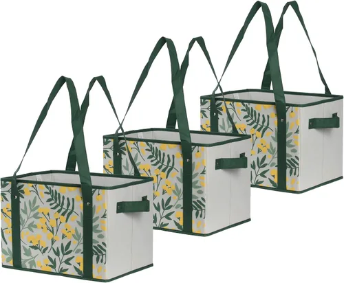 Vista 6 de Earthwise Caja de compras plegable reutilizable de lujo, juego de bolsas de comestibles con parte inferior reforzada, diseño navideño a cuadros