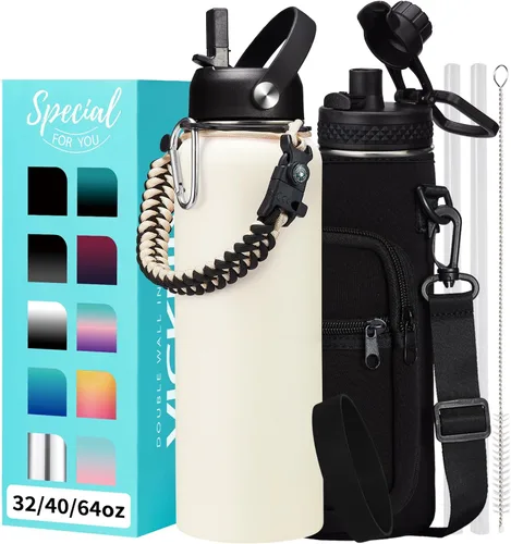 Vista 20 de Botellas de agua de 32 onzas aisladas con pajita y tapa para beber de un sorbo, asa de paracord, bolsa de transporte con correa, termo de triple