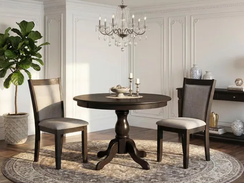 Vista 2 de East West Furniture HBMZ3-AB6-06 - Juego de mesa de cocina de 3 piezas que contiene una mesa de comedor redonda con pedestal y 2 sillas tapizadas