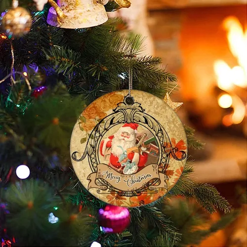 Vista 3 de Adorno de Navidad de cerámica con diseño retro de dos lados impresos, novedad para familiares, amigos y niños, colgantes de recuerdo de Navidad