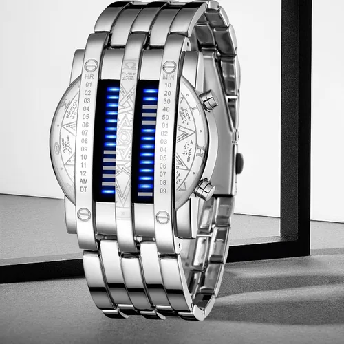 Vista 2 de Binary Matrix Blue led - Reloj Digital para hombre, moda clásica y creativa, color negro chapado