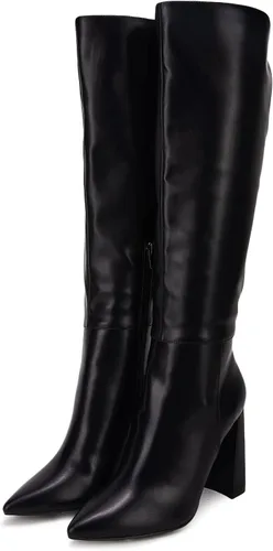 Vista 5 de Botas altas hasta la rodilla para mujer, con puntera puntiaguda, pantorrilla ancha, bloque grueso, cremallera lateral, botas Go-go