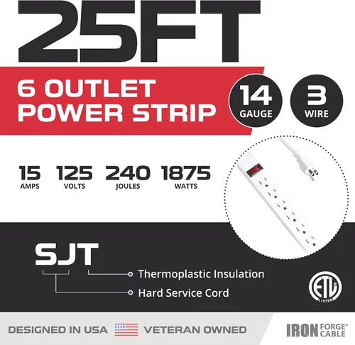 Vista 2 de Iron Forge Cable Regleta de protección contra sobretensiones de 6 tomas, cable de 25 pies, SJT 14/3 blanco con cable largo de 25 pies, protección