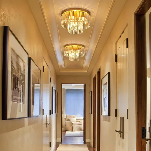 Vista 5 de Lámpara de Techo de Cristal Dorado de 17", 9 Luces, Accesorio de Iluminación de Cristal Moderno de 2 Niveles, Lámpara de Techo de Cristal K9 de Oro