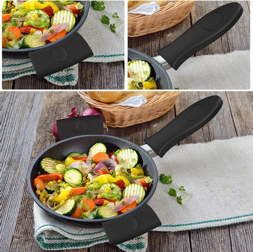 Vista 7 de Paquete de 4 soportes de silicona para mango de sartén caliente y soportes para ollas, resistentes al calor, protectores de agarradera de hierro