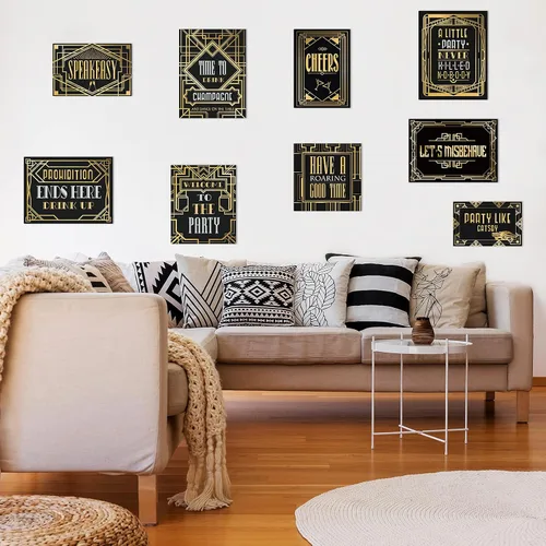 Vista 6 de 9 piezas de decoraciones de fiesta de los años 20 en negro y dorado retro para fiesta de jazz de los años veinte, kit de decoración para fiestas