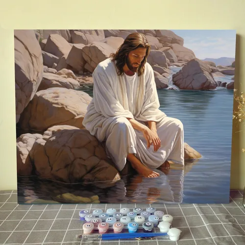 Vista 15 de Everyone Gathered Around Jesus - Pintura por números para adultos, principiantes, niños, kit de pintura al óleo sobre lienzo con pinceles, pigmento