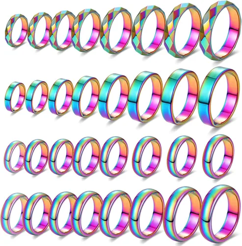 Vista 7 de Juego de 32 anillos de hematita auténtica, anillo de energía negativa, joyería de piedra de hematita no magnética, superficie curvada 6t, 6 planos