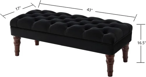 Vista 2 de 24KF Banco de entrada tapizado con botones capitoné de terciopelo con pata de madera maciza, banco de cama otomano con asiento acolchado, 5061N-Negro