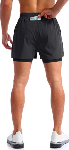 Vista 4 de Pudolla Mens 2 in 1 Running Shorts 5" Quick Dry Gym Athletic Workout Shorts for Men with Phone Pockets
