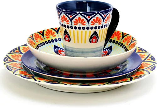 Vista 4 de Elama Zen Blue Mozaik - Juego de vajilla redonda multicolor con diseño de mandala, 16 piezas Azul