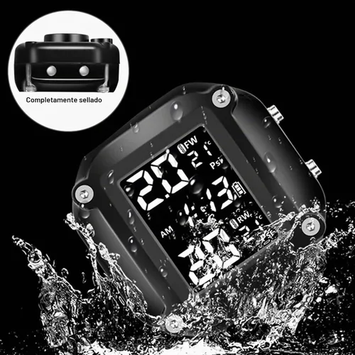 Vista 3 de Sistema de monitoreo de presión de neumáticos TPMS para motocicleta con pantalla LCD y 2 sensores externos, alarma de temperatura de neumáticos