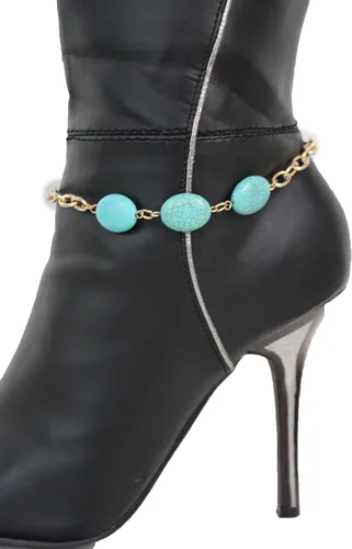 Vista 4 de TFJ - Pulsera de botas de moda para mujer, cadenas de metal, tacones altos, color turquesa, azul, abalorios, oro, Metal