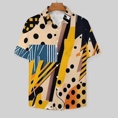 Vista 2 de Liohans Camisa hawaiana retro colorida de manga corta con patrón de Memphis geométrico 3D estampado botón camisa