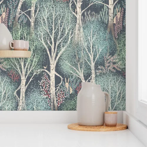 Vista 8 de Spoonflower Fairy Tale Woodland Pre-Pasted Removable Wallpaper Roll 24" x 108" Large Scalehand Drawn Neutral Gray Green Water-activated, simple
