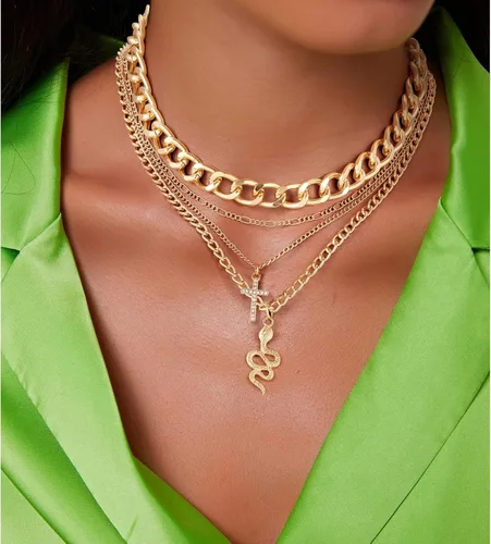 Vista 9 de MJartoria Collares de oro en capas para mujer, collar retro de moda con dije de moneda, collar de oro, cadena de eslabones gruesos, gargantilla