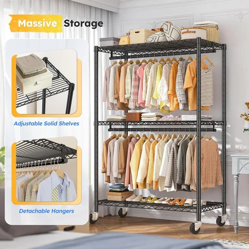 Vista 3 de Raybee Perchero de ropa de 45 pulgadas de ancho para colgar ropa, perchero con ruedas y pies ajustables, carga máxima de 440 libras, color negro