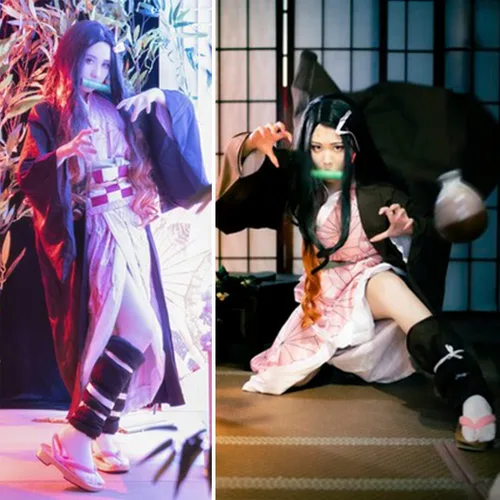 Vista 2 de UZAIN Disfraz de cosplay para mujer disfraz de anime Kamado Tsuyuri Shinobu Mitsuri conjunto completo con bambú