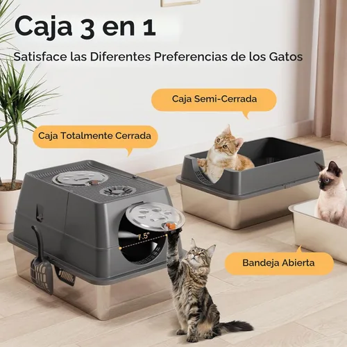 Vista 3 de Paquete de 2 cajas de arena de acero inoxidable con tapa, caja de arena extra grande cerrada de metal para gatos grandes y varios gatos, fácil