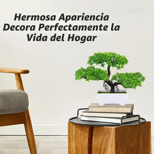 Vista 3 de Mini plantas de bonsái artificiales con macetas de cemento de plástico para la decoración del hogar y la oficina (verde)