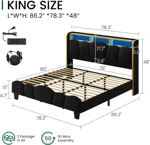 Vista 2 de LARMACE Base de cama tamaño King con luces LED y estación de carga, plataforma tapizada de terciopelo con cabecera de almacenamiento, no necesita