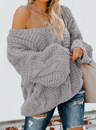 Vista 4 de Astylish - Suéter de punto trenzado para mujer estilo suelto y sexy mangas largas diseño de hombro descubierto