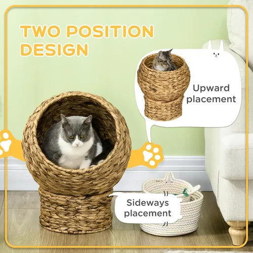Vista 3 de PawHut Cama elevada tejida a mano para gatos con cojín suave y forma de silla de huevo, cama de cesta con soporte, casa de mimbre elevada para gatos