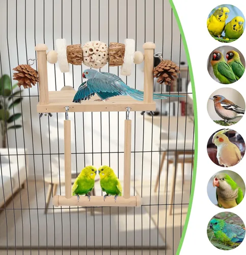 Vista 6 de Litewoo Plataforma de perca de madera para pájaros con juguetes masticables Madera natural, 1 sola bola, para loro/periquito/conure/jaula Sola bola