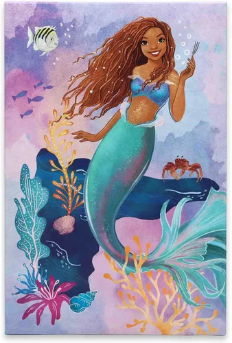 Vista 13 de Open Road Brands Disney - Lienzo decorativo de pared con diseño de Ariel y Flounder de La Sirenita en acuarela - Hermoso arte de pared de Ariel